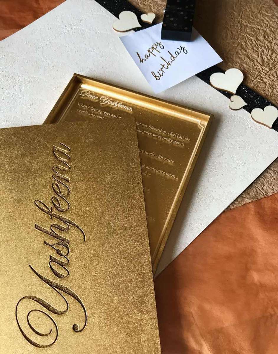 Acrylic Card With Wooden Box - Black / Rose Gold