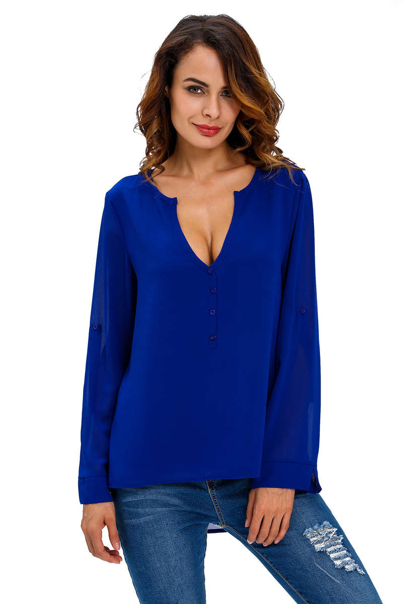 V-Neck Button Detail Dip Back Blouse Top - S/M/L/XL/2XL/2XL