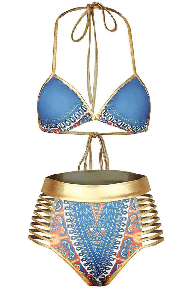 African Tribal Metallic Cutout High Waist Swimsuit Swimwear - L/XL
