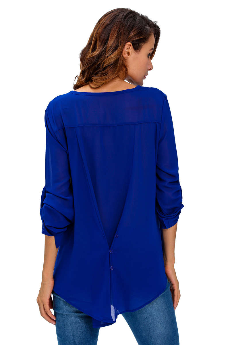 V-Neck Button Detail Dip Back Blouse Top - S/M/L/XL/2XL/2XL