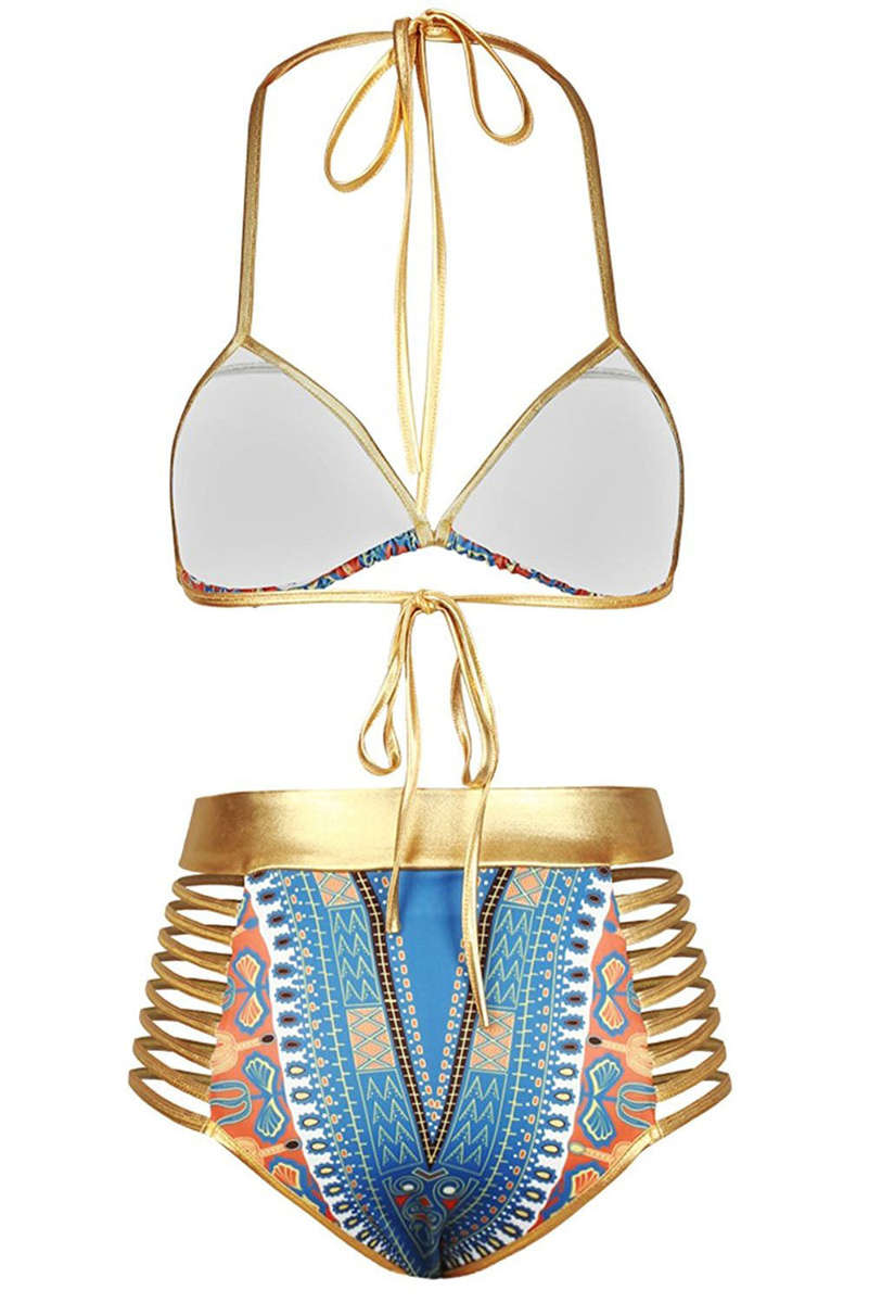 African Tribal Metallic Cutout High Waist Swimsuit Swimwear - L/XL
