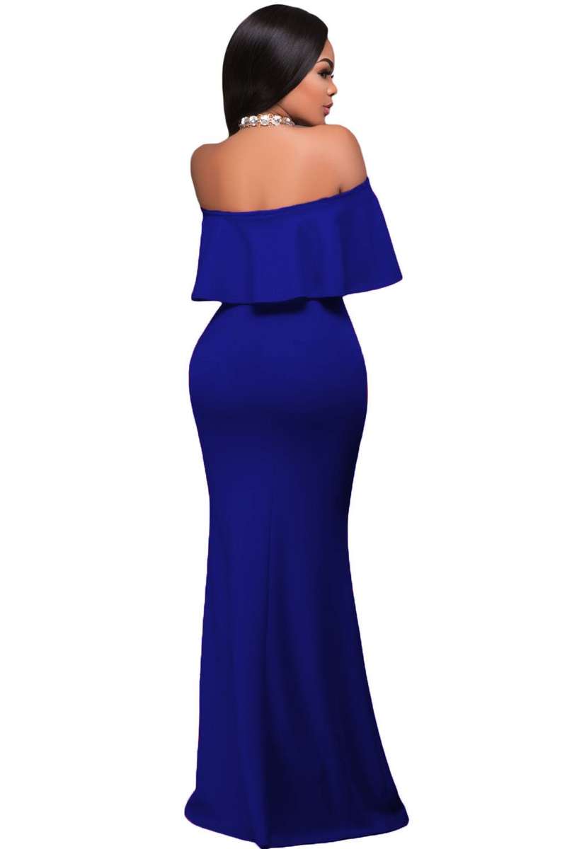 Royal Blue Ruffle Off Shoulder Maxi Party Dress - Blue