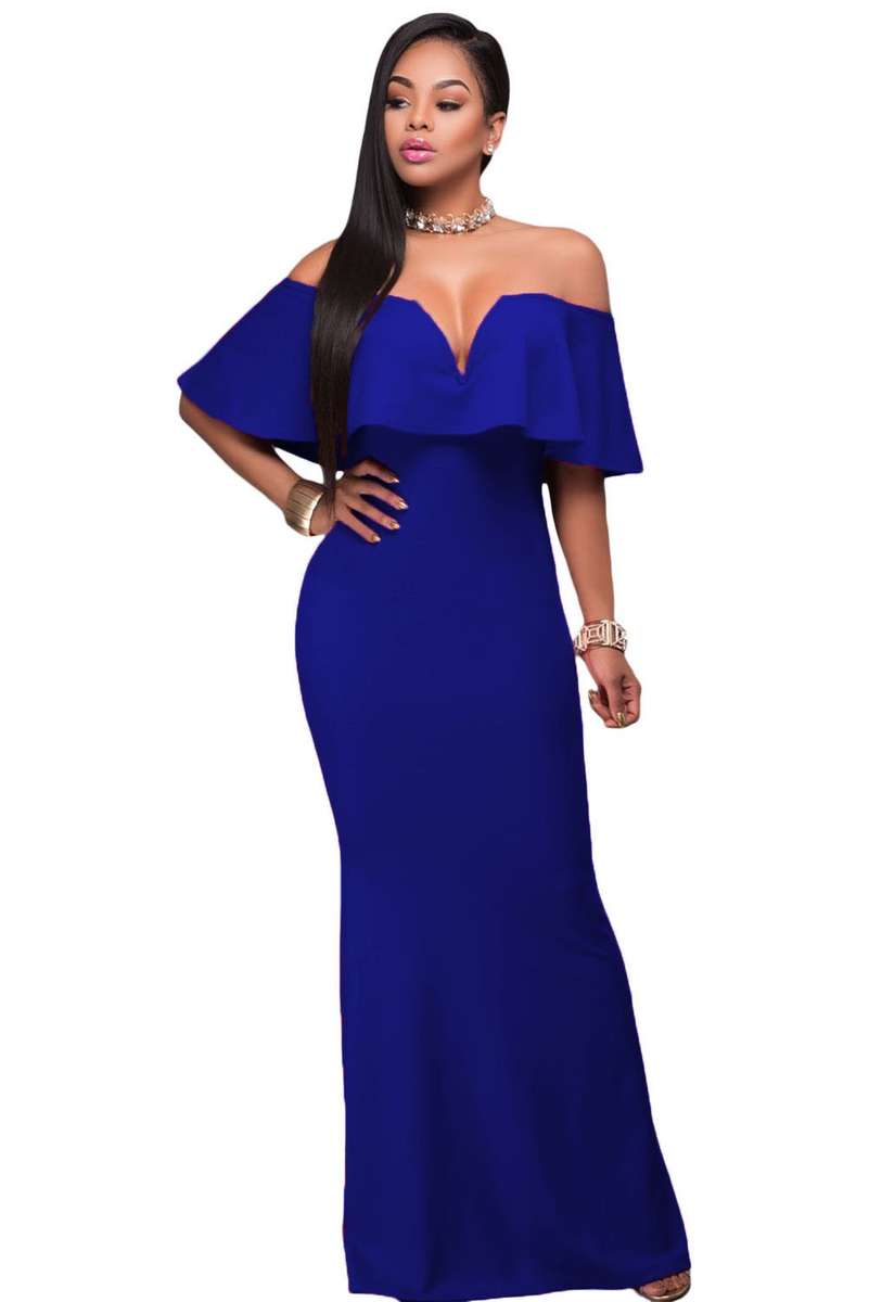 Royal Blue Ruffle Off Shoulder Maxi Party Dress - Blue