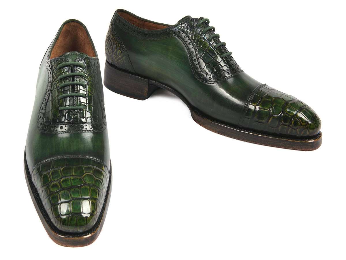 Paul Parkman Green Genuine Crocodile & Calfskin Captoe Oxfords (ID#845-GRN) - EU 41 - US 8 / 8.5