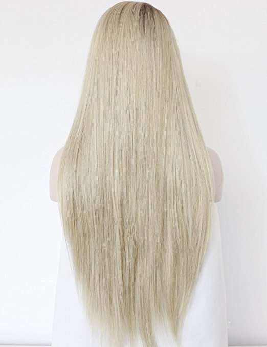 Fashion Ombre Blonde Glueless Lace Front Wigs 2 Tone Color Light Brown Roots #12 Side Part Long N...