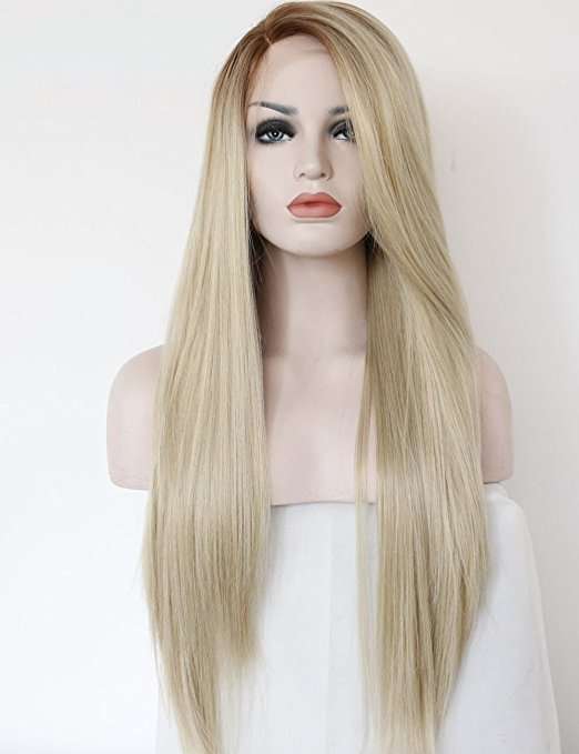 Fashion Ombre Blonde Glueless Lace Front Wigs 2 Tone Color Light Brown Roots #12 Side Part Long N...