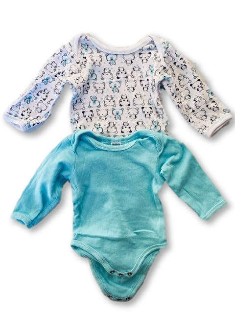 0-3 Months 2 x White Printed & Turquoise Long Sleeve Vests /Onesies - Ackermans