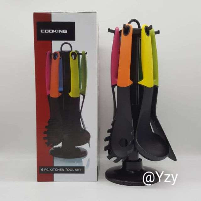 6pc Multi Color Nylon Kitchen Tool Set With Rotating Stand