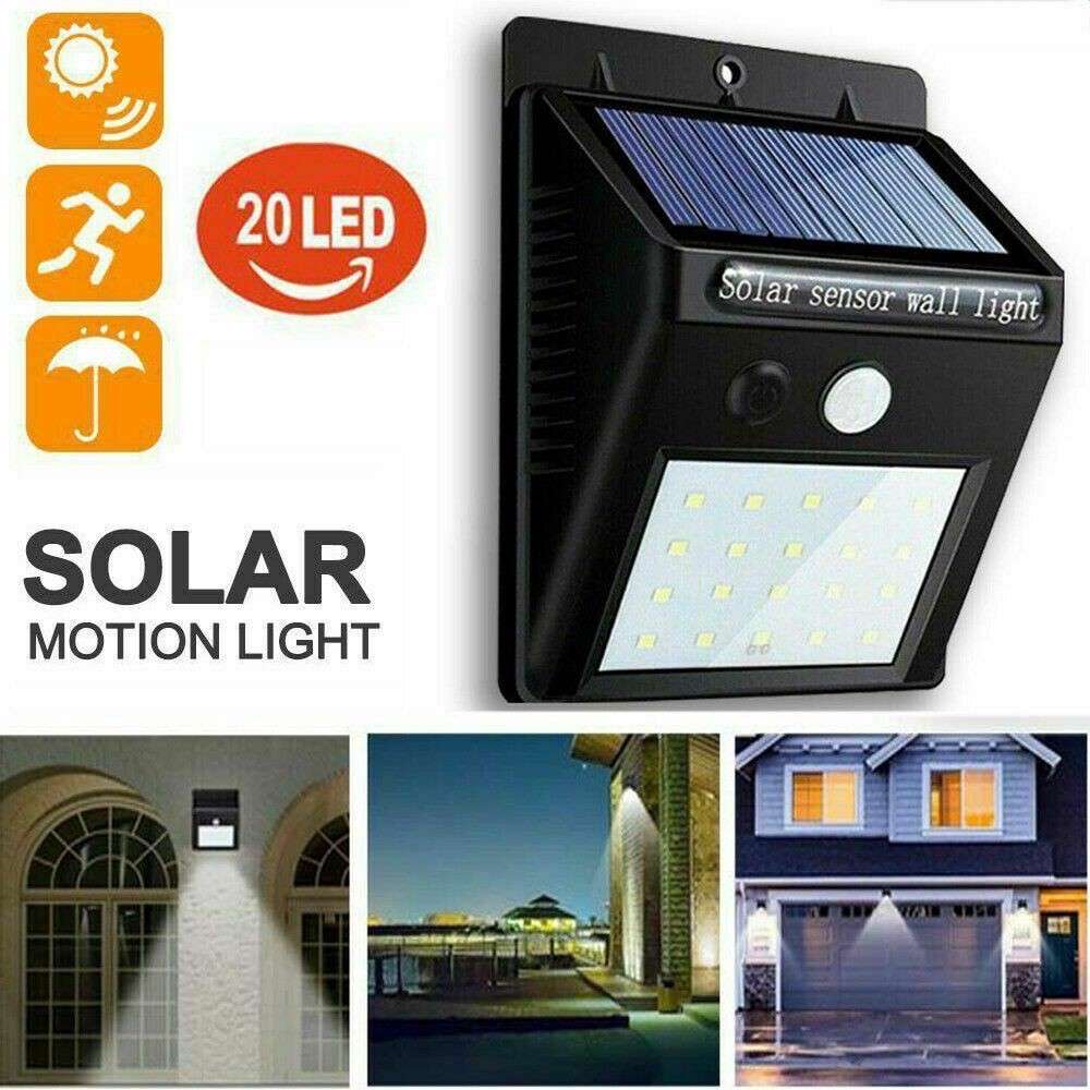20 LED Solar Powered PIR Motion Sensor Security Wall Garden Light - Built in Battery