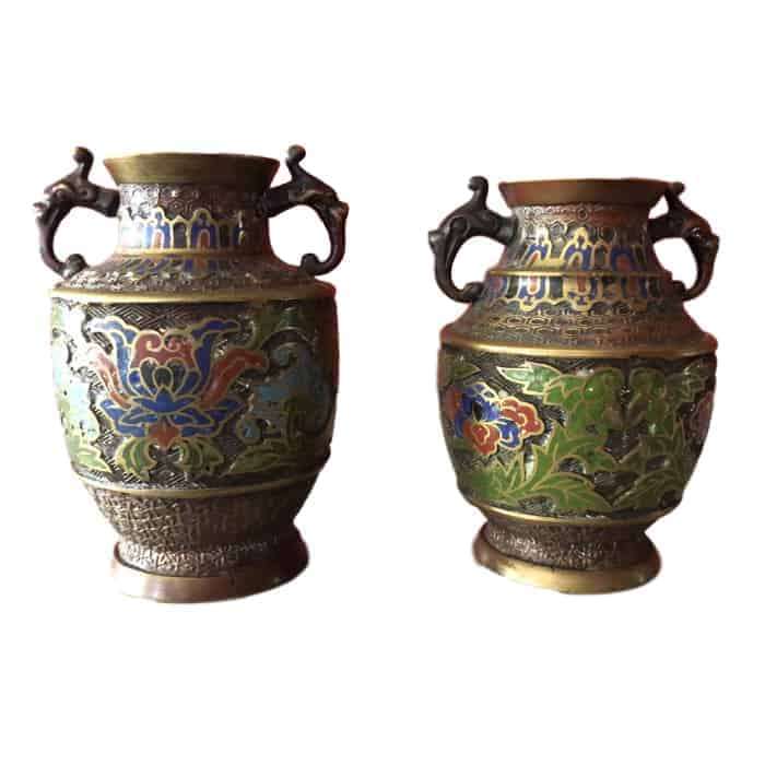 Pair Japanese Double Handled Cloisonn Vases