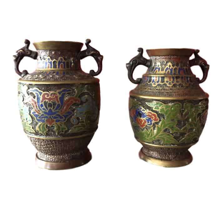 Pair Japanese Double Handled Cloisonn Vases