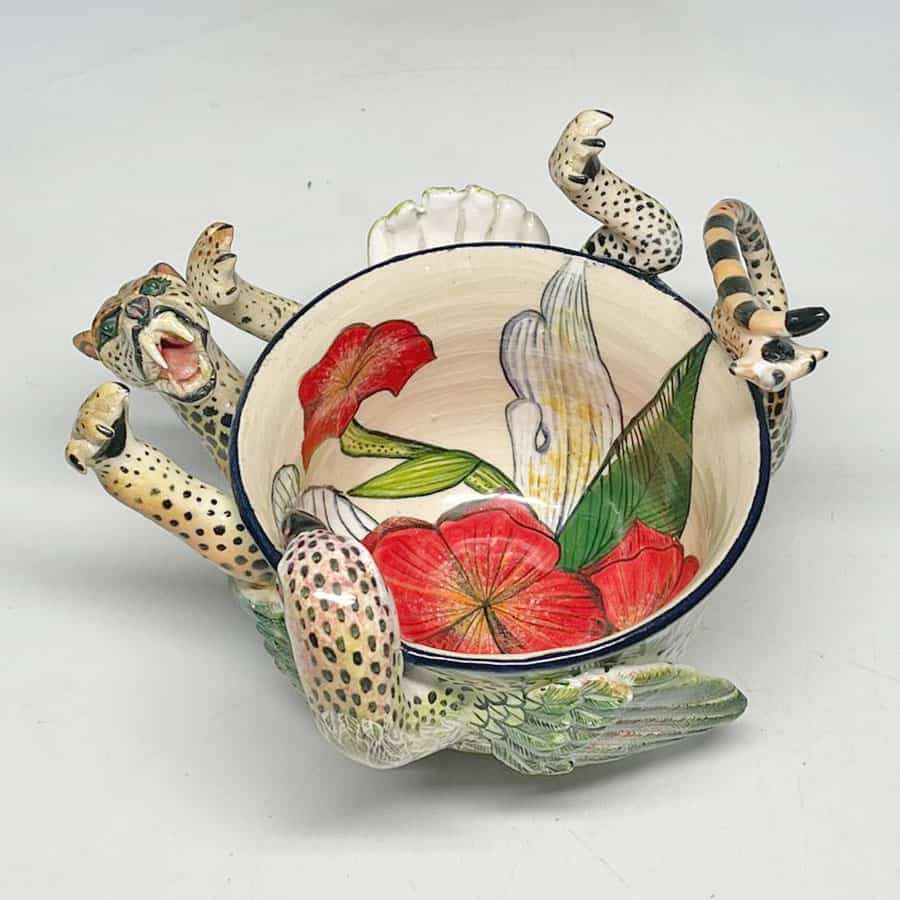 Ardmore Hand Painted Cheetah Catching Bird Bowl 2010