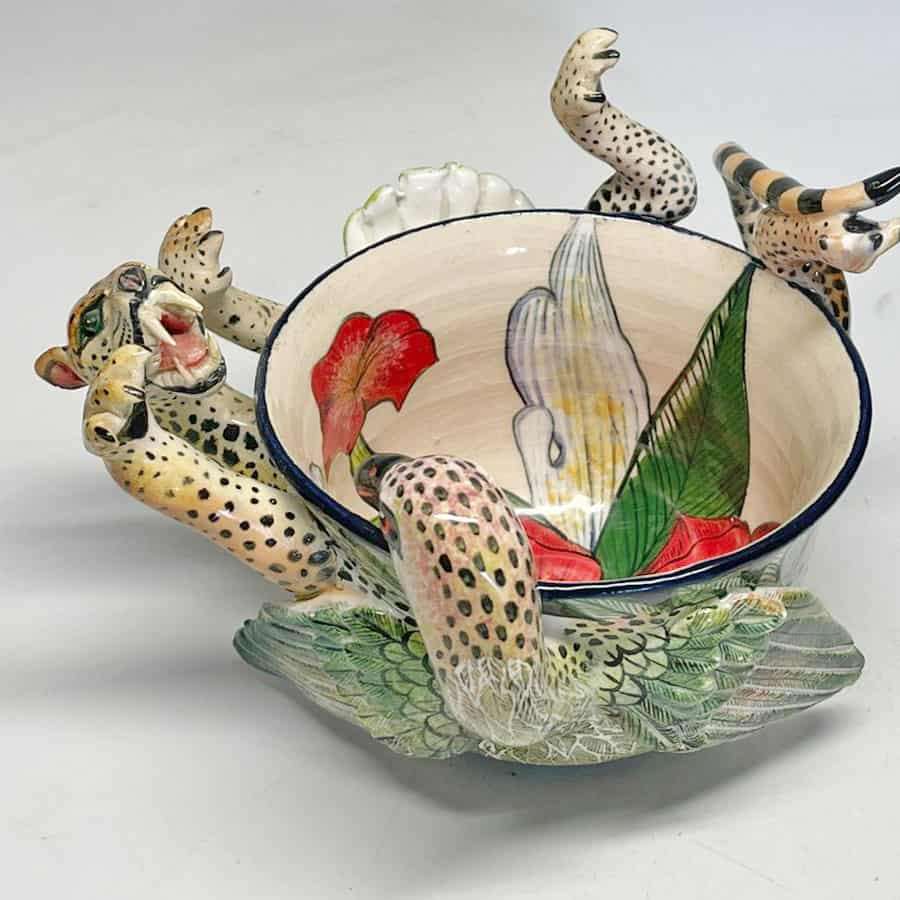 Ardmore Hand Painted Cheetah Catching Bird Bowl 2010