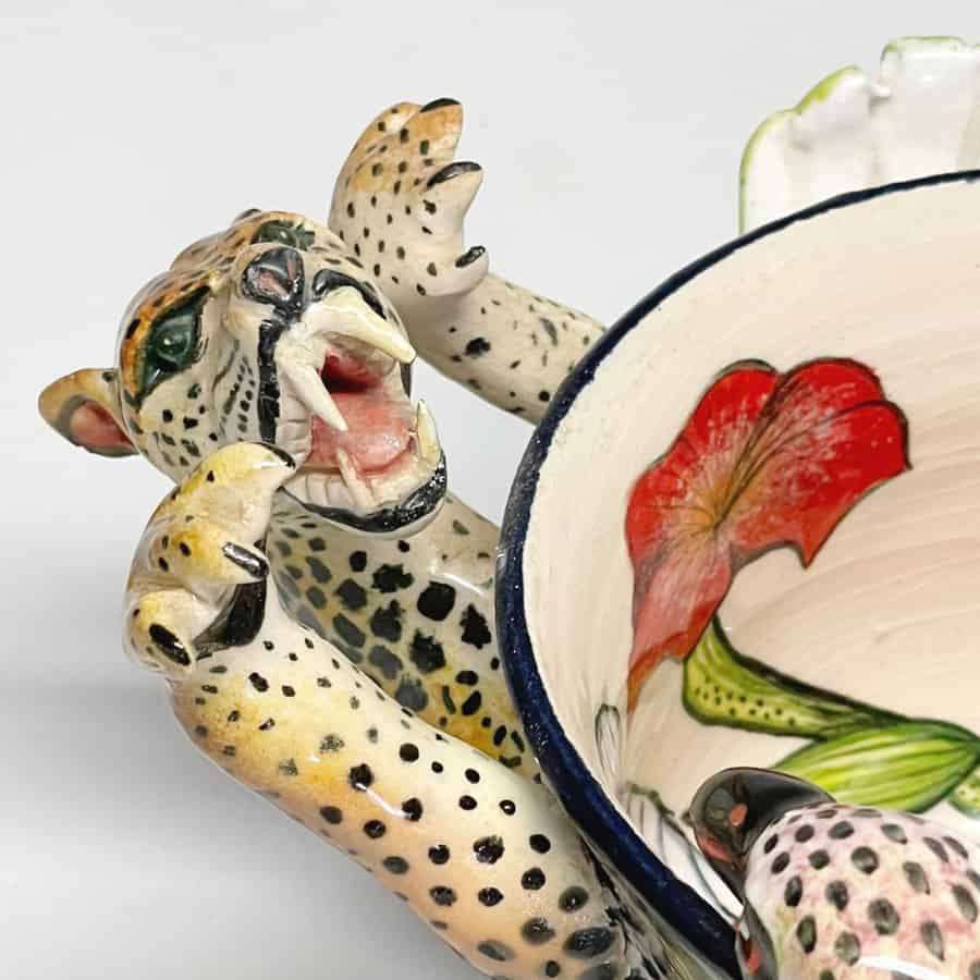 Ardmore Hand Painted Cheetah Catching Bird Bowl 2010