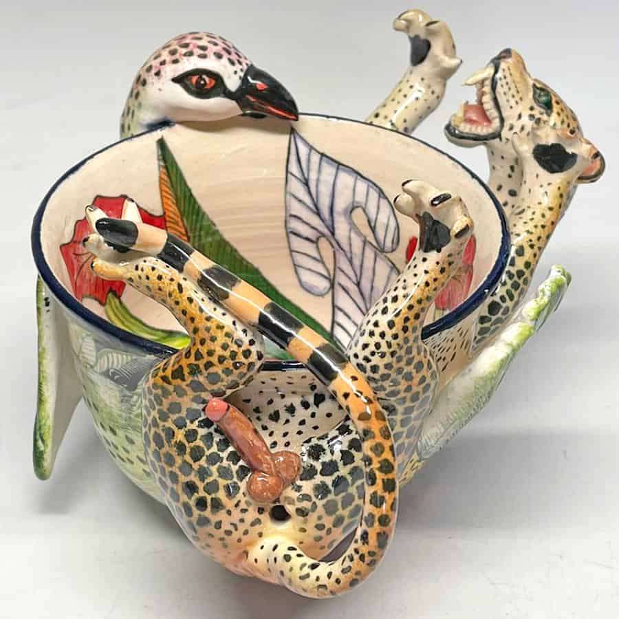 Ardmore Hand Painted Cheetah Catching Bird Bowl 2010