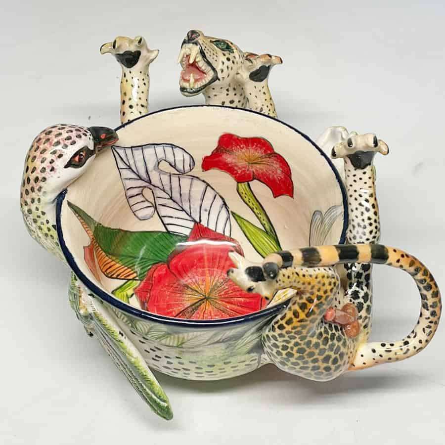 Ardmore Hand Painted Cheetah Catching Bird Bowl 2010