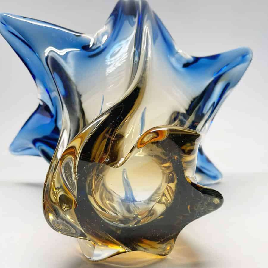 Murano Amber Blue Glass Basket 20th