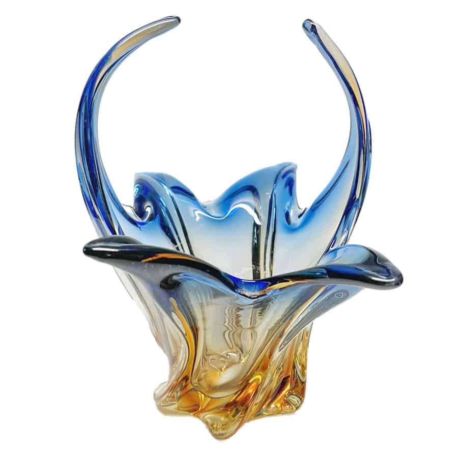 Murano Amber Blue Glass Basket 20th