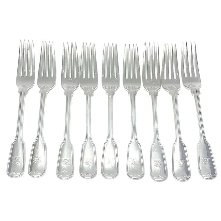 Antique Silver Victorian Fiddle and Thread Service Entree Forks 1865