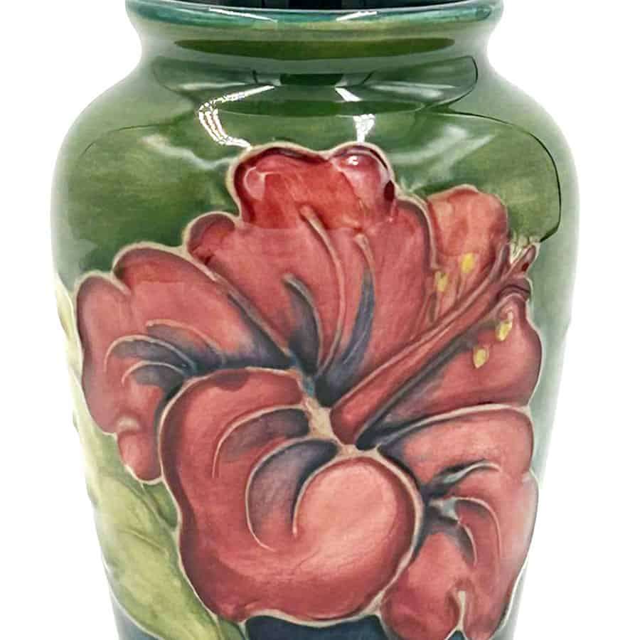 Moorcroft Hibiscus Urn Vase On Green Ground