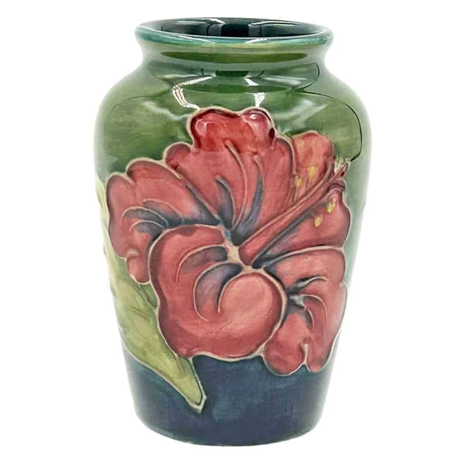 Moorcroft Hibiscus Urn Vase On Green Ground