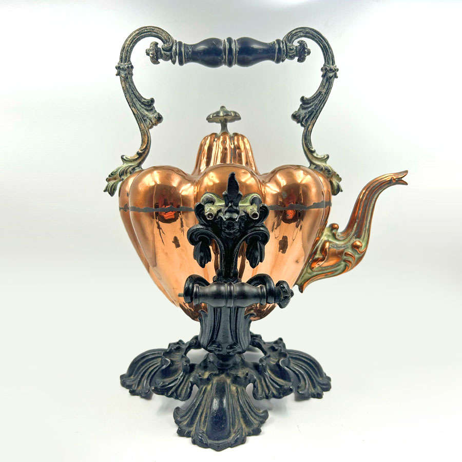 Victorian Copper Pumpkin Shape Kettle Perculator On Cast Metal Stand C1890