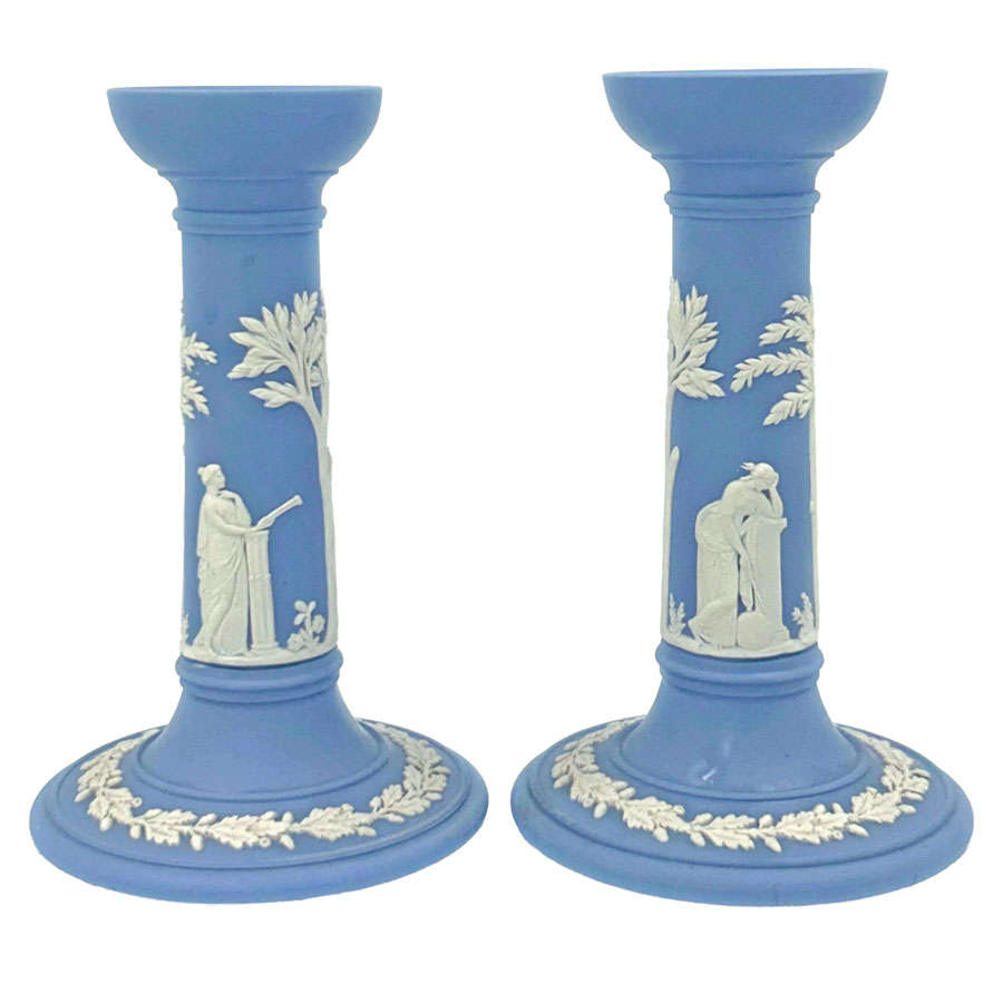 Wedgwood Blue Jasperware Pair Candlesticks