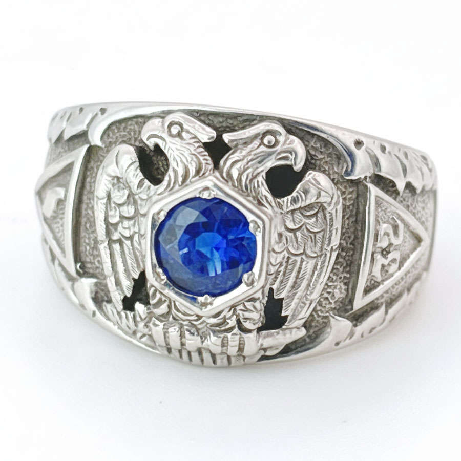 14ct White Gold Masonic Level 32 Ring with Sapphire