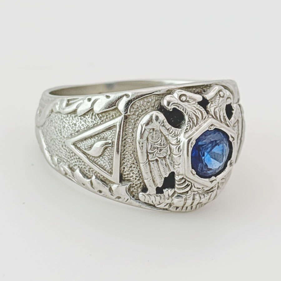 14ct White Gold Masonic Level 32 Ring with Sapphire