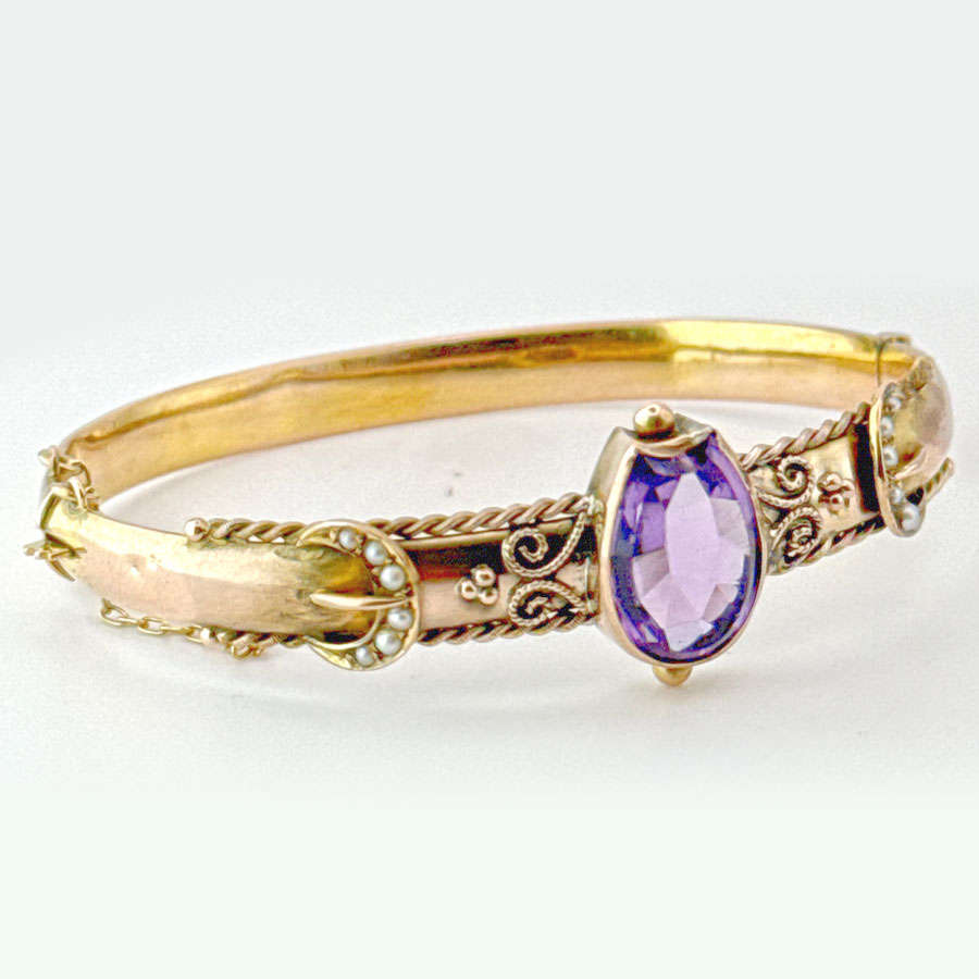 Victorian Style Bangle Set With Horse Shoe Amethyst and Seed Pearl 9ct C1936
