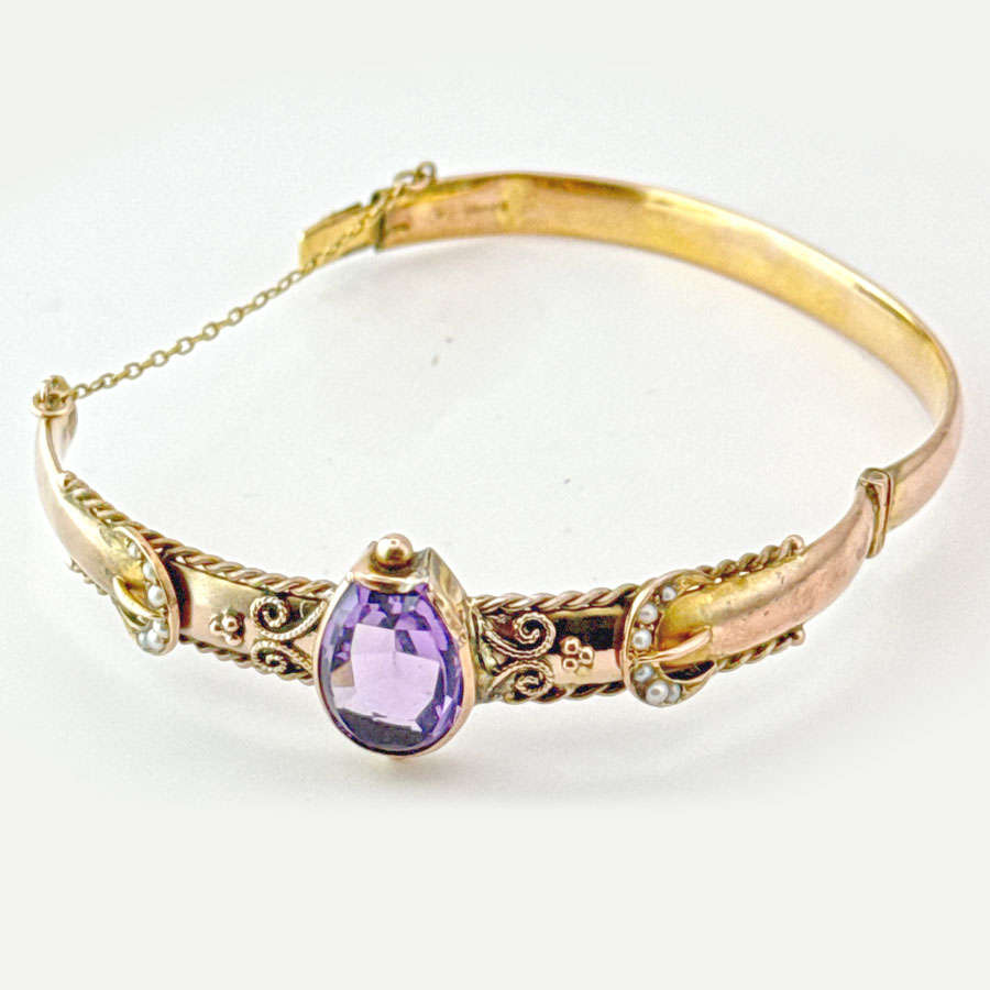 Victorian Style Bangle Set With Horse Shoe Amethyst and Seed Pearl 9ct C1936