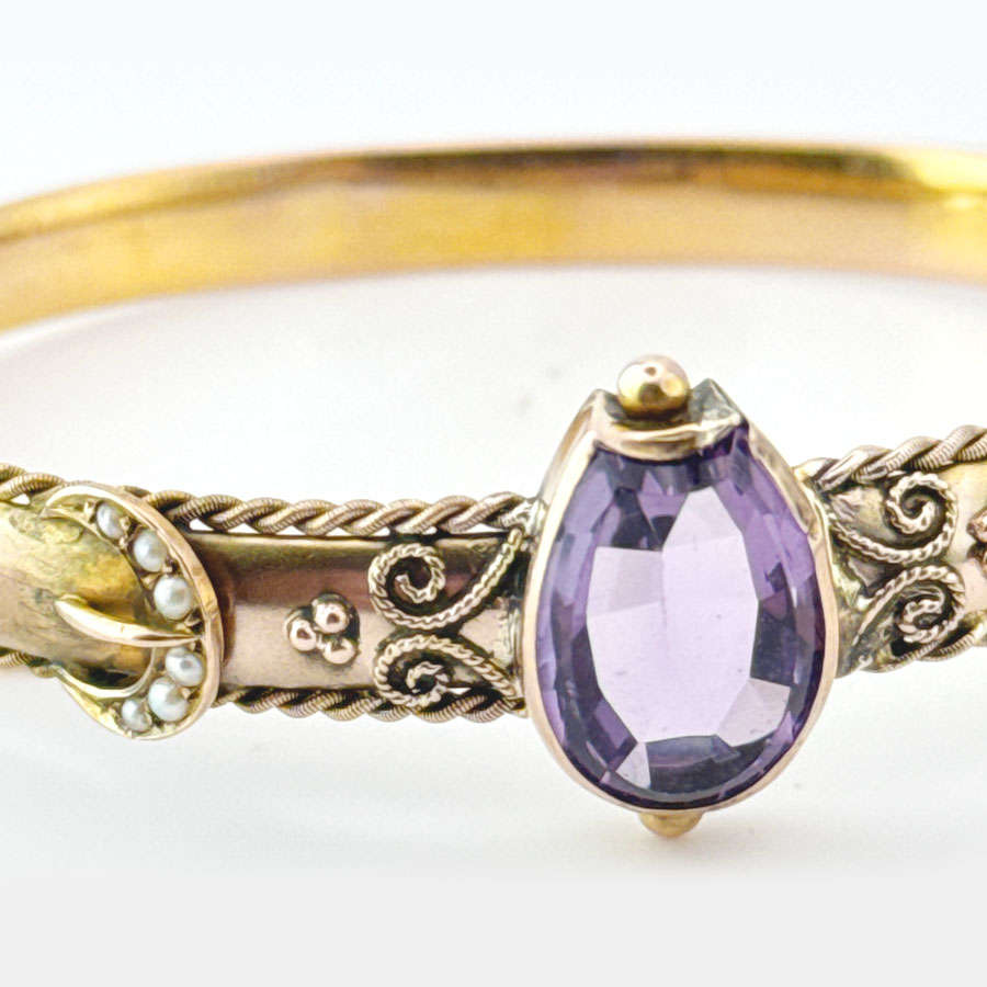 Victorian Style Bangle Set With Horse Shoe Amethyst and Seed Pearl 9ct C1936