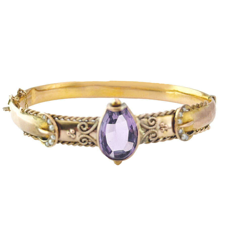 Victorian Style Bangle Set With Horse Shoe Amethyst and Seed Pearl 9ct C1936