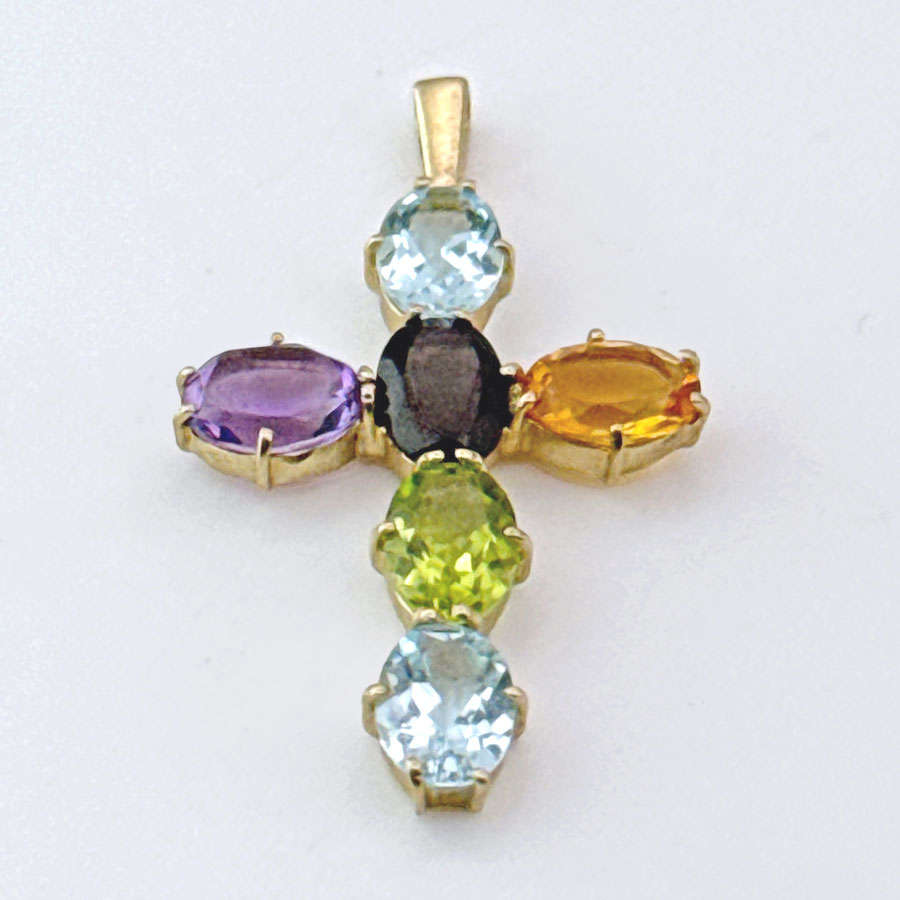 9ct Gold Multi Gemstones Crucifix Pendant