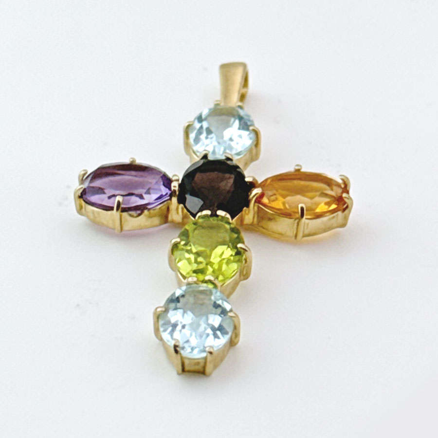9ct Gold Multi Gemstones Crucifix Pendant