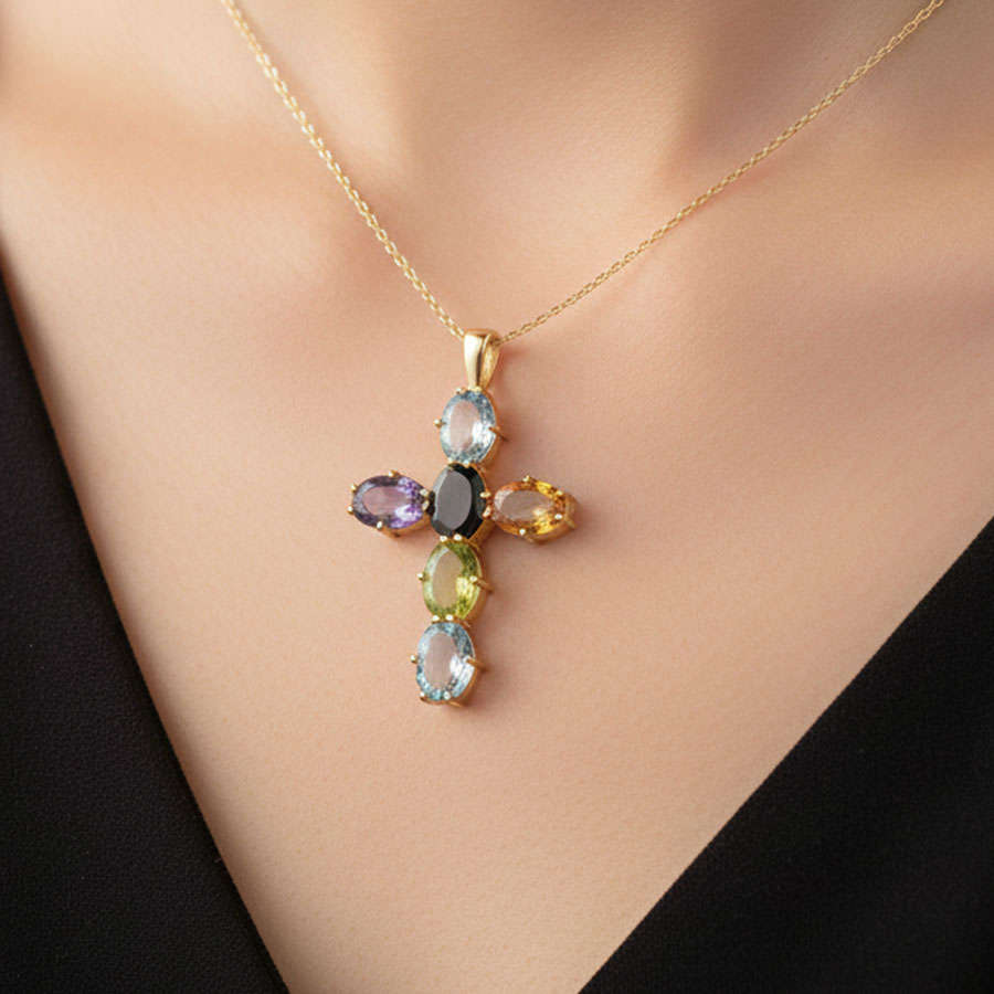 9ct Gold Multi Gemstones Crucifix Pendant