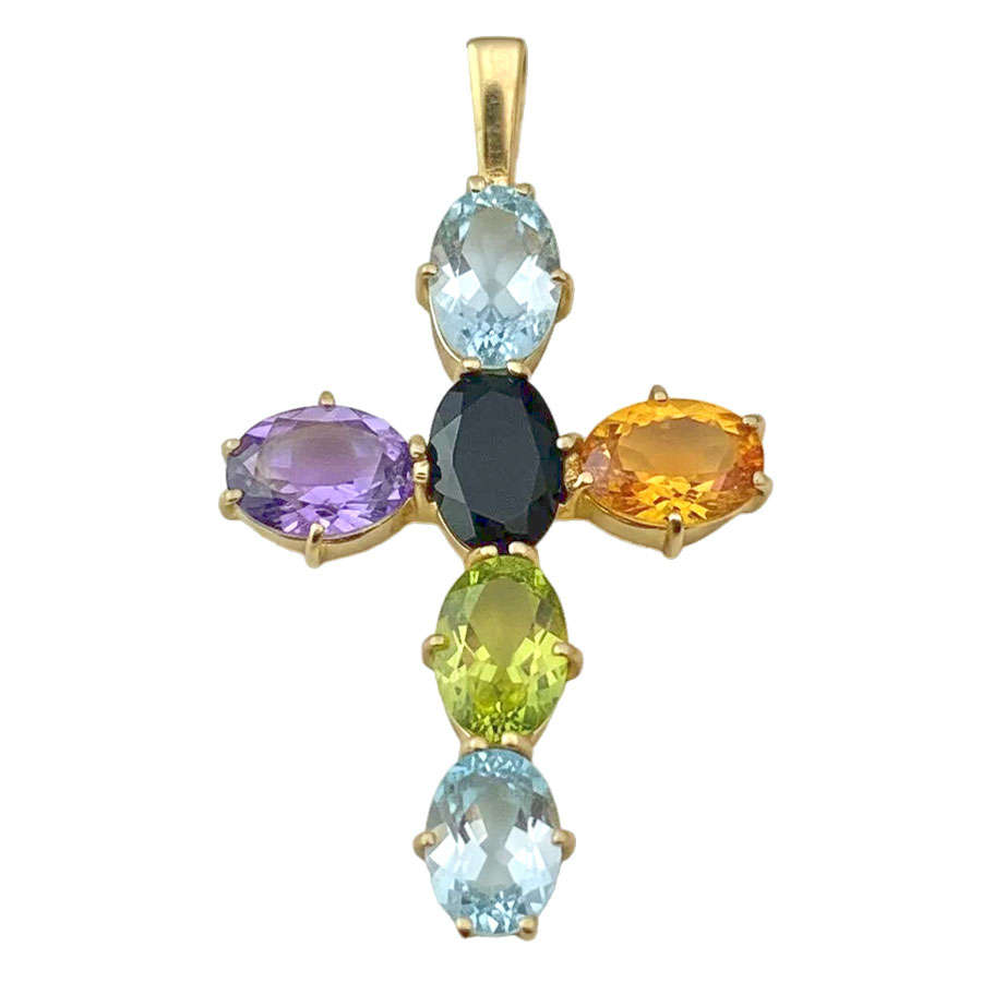 9ct Gold Multi Gemstones Crucifix Pendant