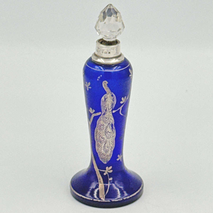 Hallmarked Silver Rim Cobalt Blue Glass With Silver Overlay Peacock