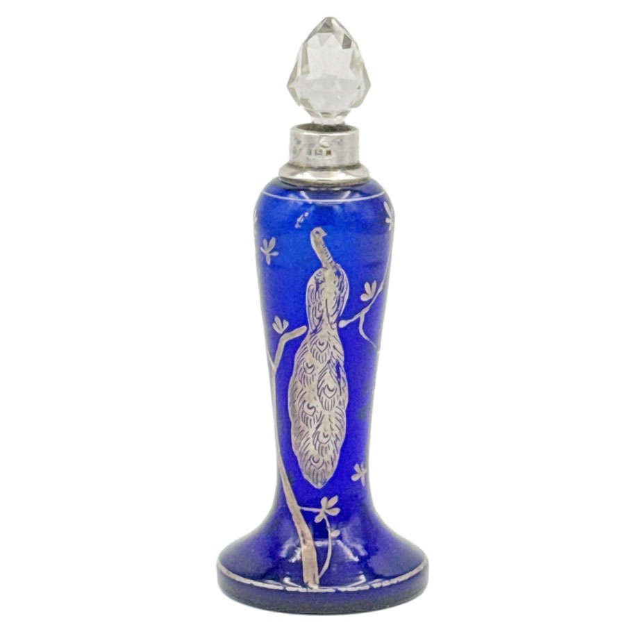 Hallmarked Silver Rim Cobalt Blue Glass With Silver Overlay Peacock