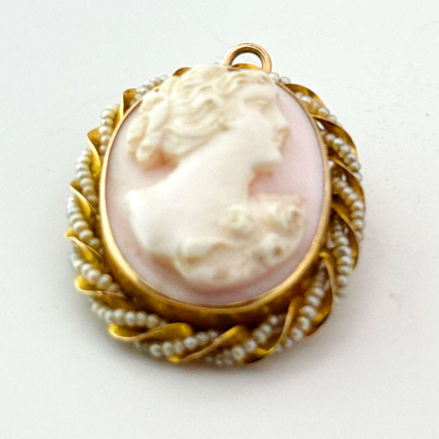 Victorian 10ct Gold Mounted Seed Pearl and Conch Shell Cameo Brooch