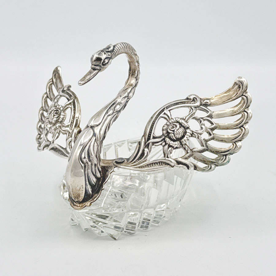 Antique 835 Silver And Cut Glass Medium Salt Swan