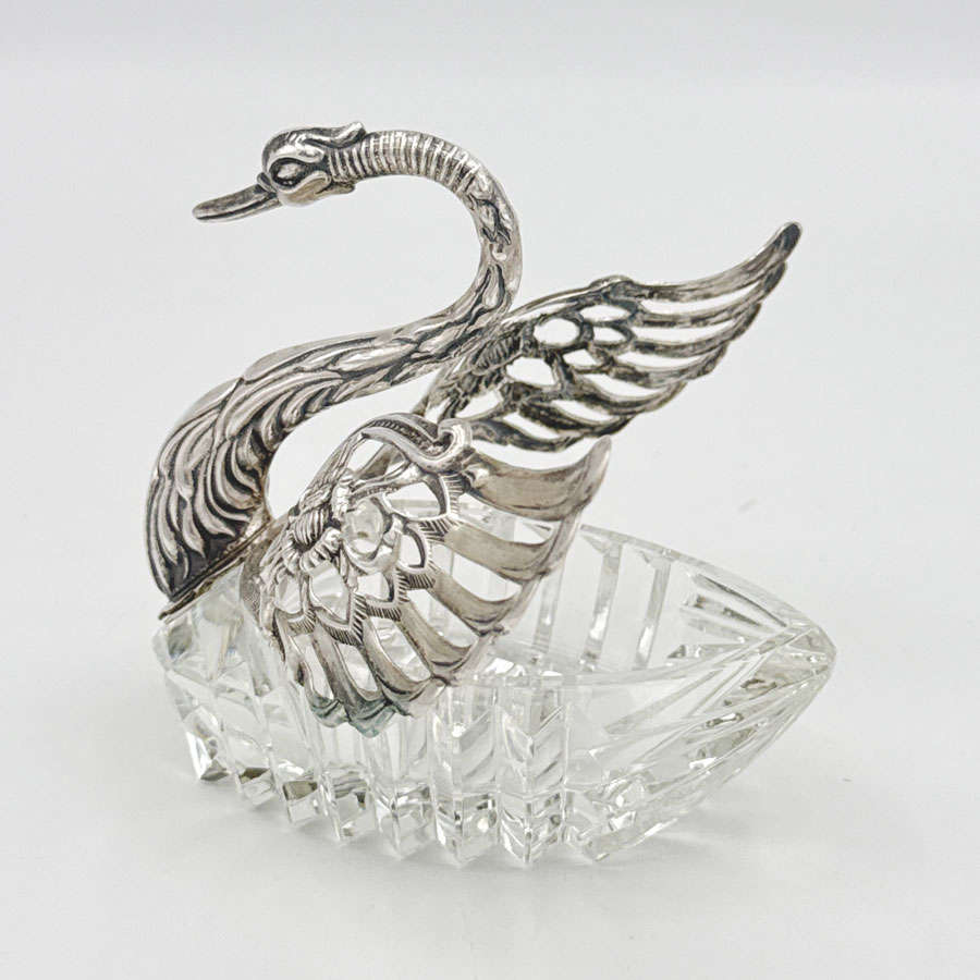 Antique 835 Silver And Cut Glass Medium Salt Swan