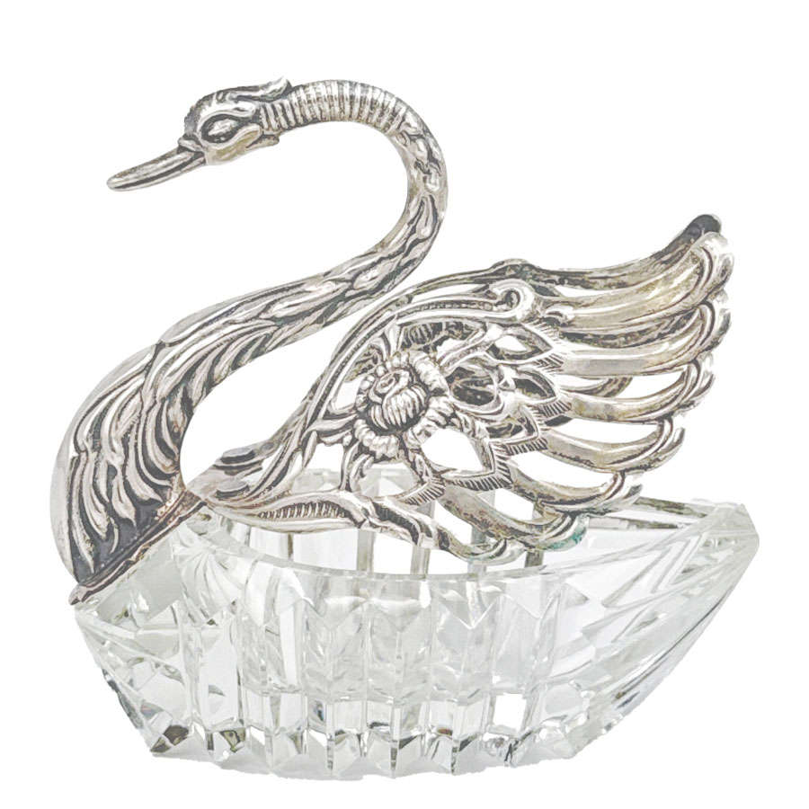 Antique 835 Silver And Cut Glass Medium Salt Swan