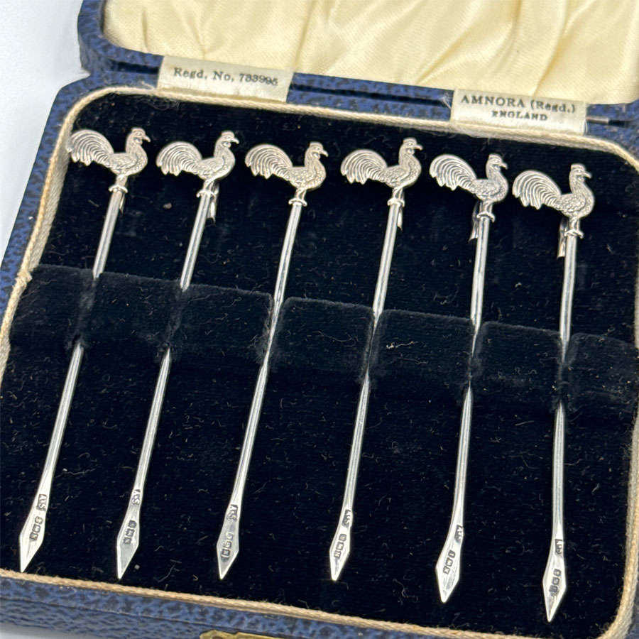 Hallmarked Silver Boxed Set Rooster Cocktail Sticks Birmingham 1936 Art Deco