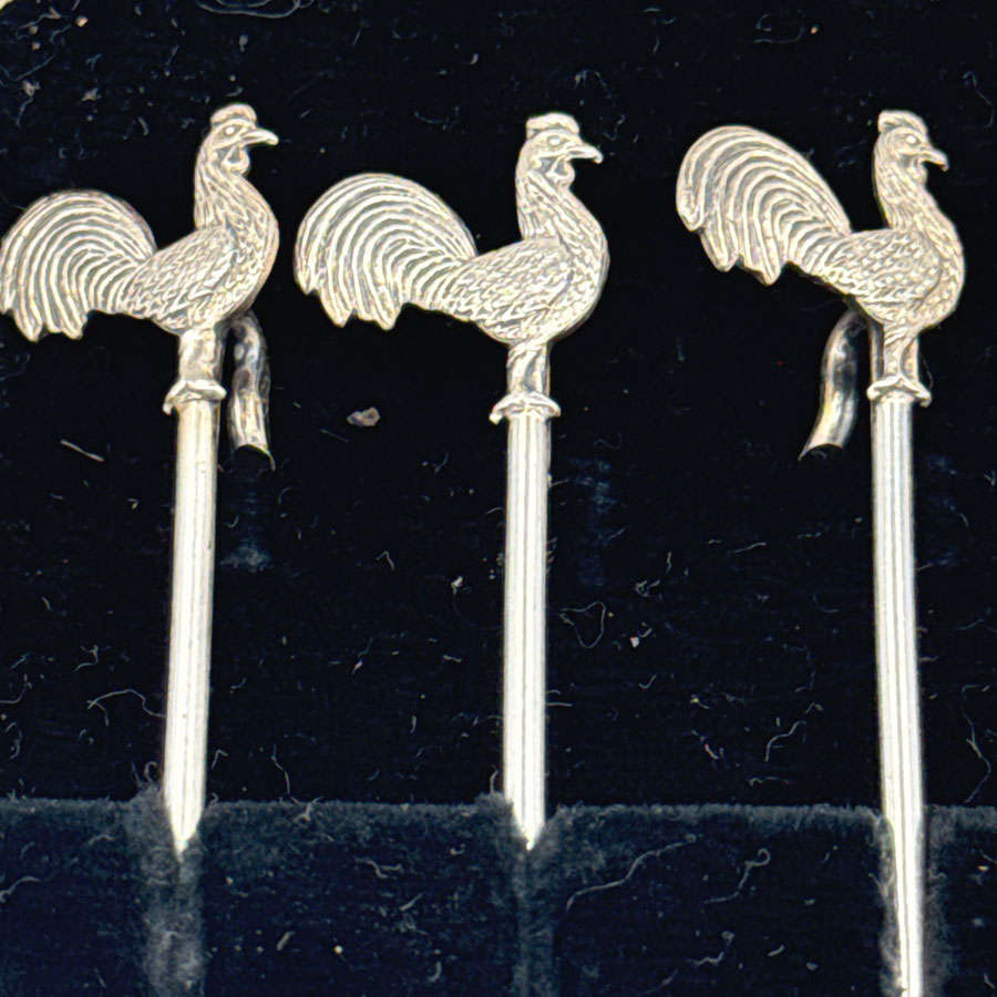 Hallmarked Silver Boxed Set Rooster Cocktail Sticks Birmingham 1936 Art Deco