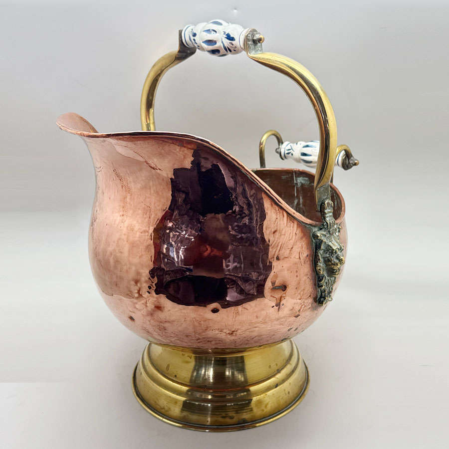 Large Copper And Brass Coal Scuttle With Delft Handle