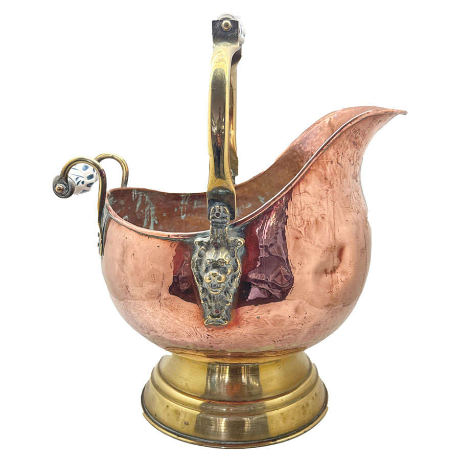 Large Copper And Brass Coal Scuttle With Delft Handle
