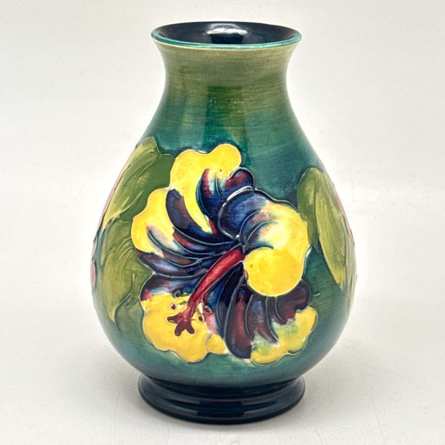 Moorcroft Hibiscus Vase On Green Ground C1970