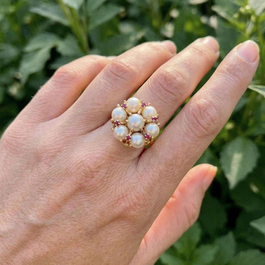 14ct Gold Pearl Cluster & Ruby Ring