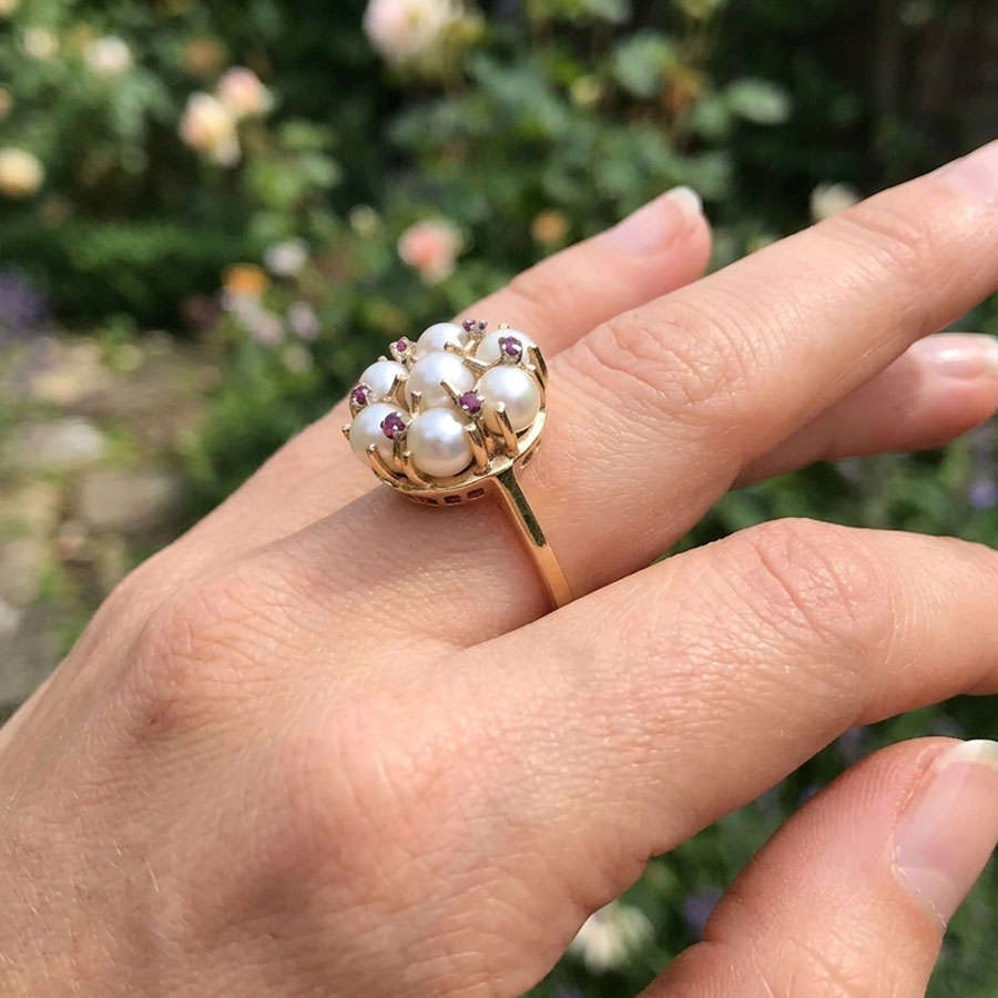 14ct Gold Pearl Cluster & Ruby Ring